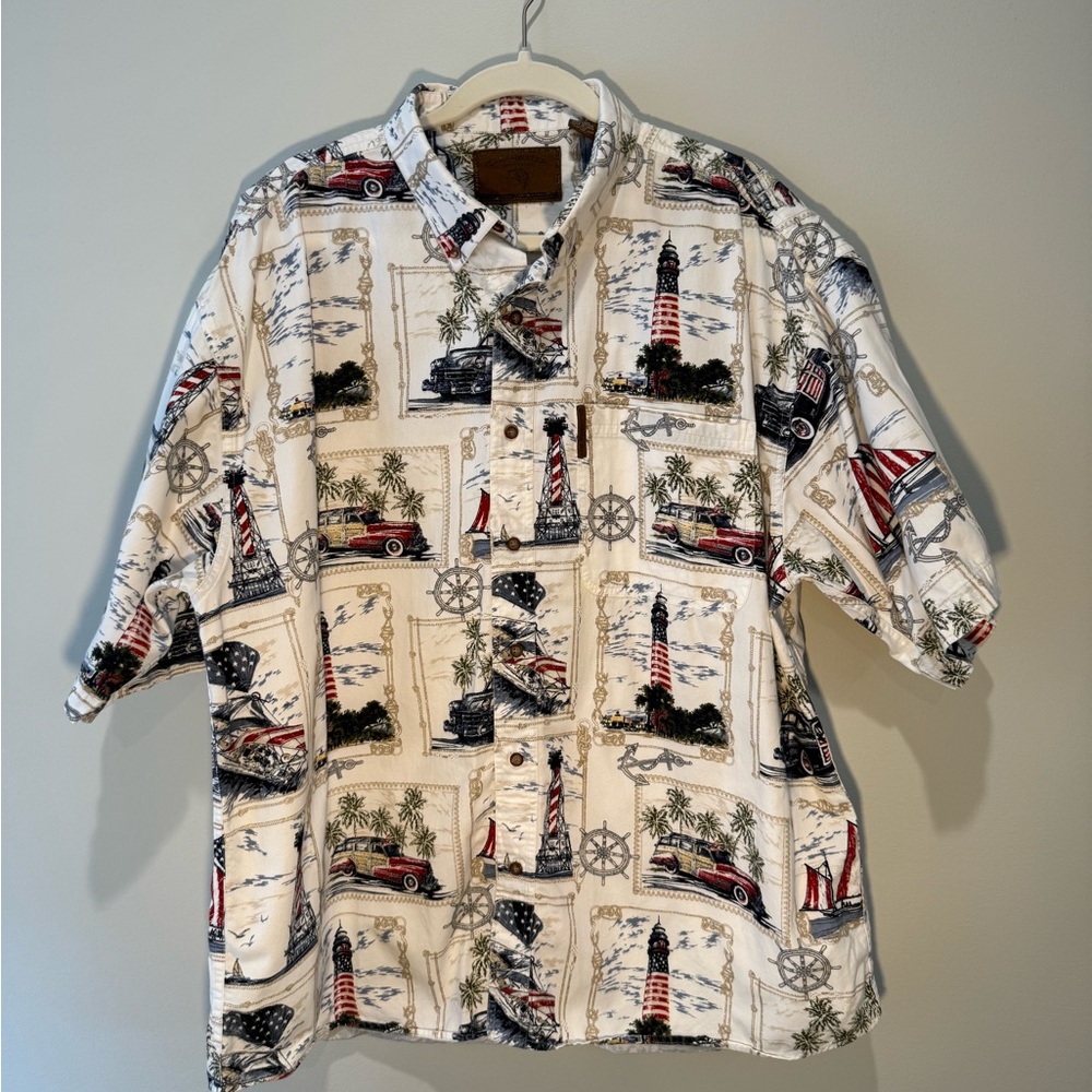Men's Nautical Lighthouse Patriotic Button Down 100% Cotton Resortwear  XXL - Picture 2 of 7